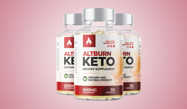 Three AltBurn Keto capsule bottles on a pink background